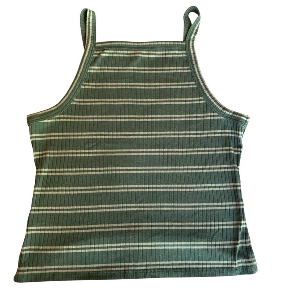 Mudd Woman’s Junior Olive Green and White Striped Tank Top Halter Top Size Large